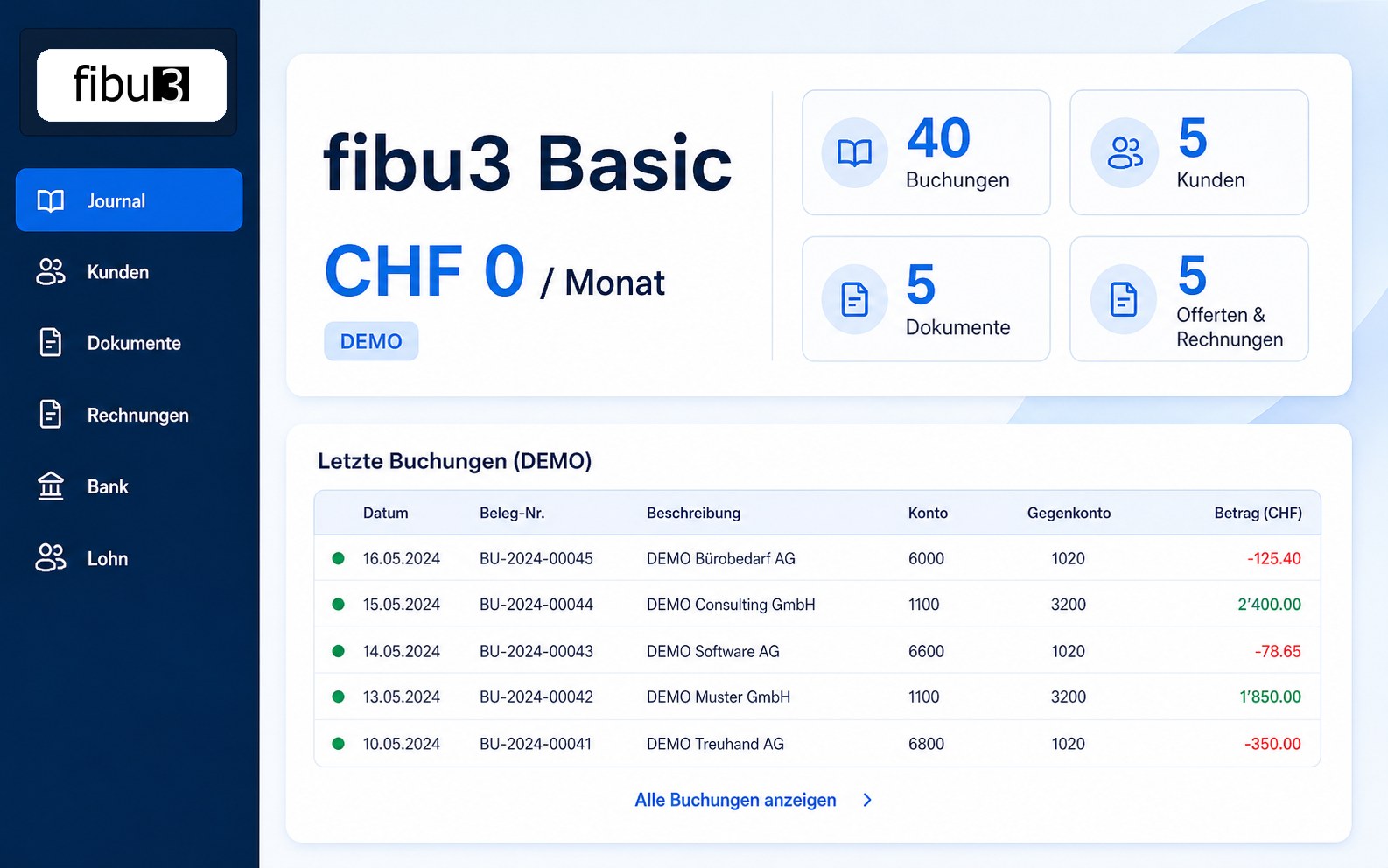 fibu3 Basic mit kostenlosen Nutzungslimiten und Demo-Buchungen