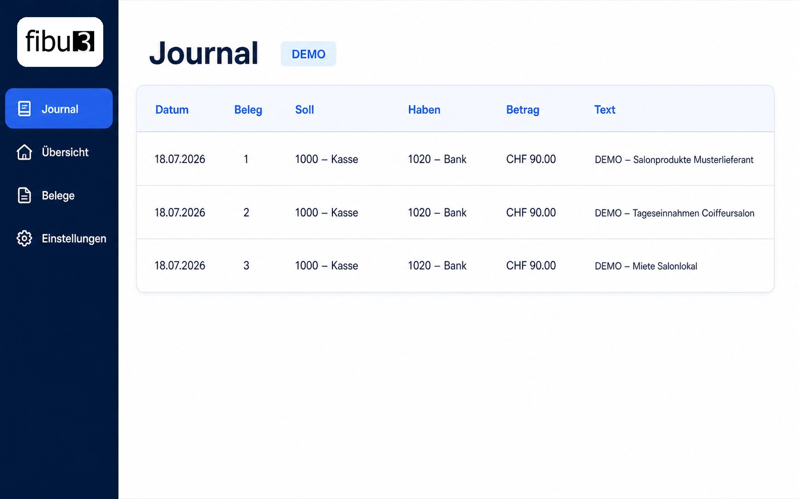 Demo-Journal der fibu3 Buchhaltungssoftware